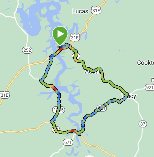 map of the route from Barren River Lake heading in a counter-clockwise loop around the southern inlet of the lake